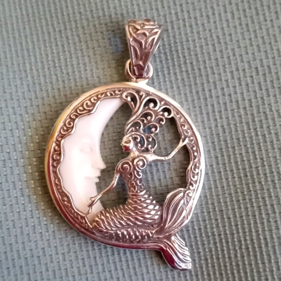 Bali Legacy Jewelry - BALI GODDESS CARVED BONE MOON AND STERLING SILVER MERMAID PENDANT